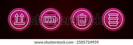 Set line Temperature wash, Battery, Trash can and Bowl. Glowing neon icon. Vector