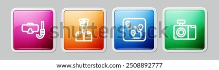 Set line Diving mask and snorkel, Captain of ship, Route location and Photo camera. Colorful square button. Vector