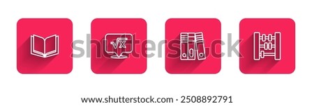 Set line Open book, Square root of x glyph, Office folders and Abacus with long shadow. Red square button. Vector