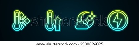 Set line Meteorology thermometer, , Cloud with moon and Lightning bolt. Glowing neon icon. Vector