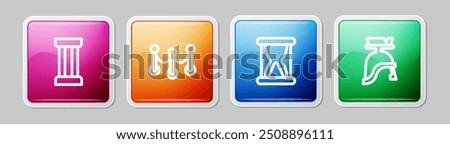 Set line Ancient column, Rope barrier, Old hourglass with sand and Roman army helmet. Colorful square button. Vector