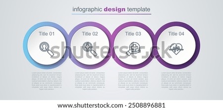 Set line Medical analysis, Magnifying glass for search medical, Cross hospital and Heart rate. Business infographic template. Vector