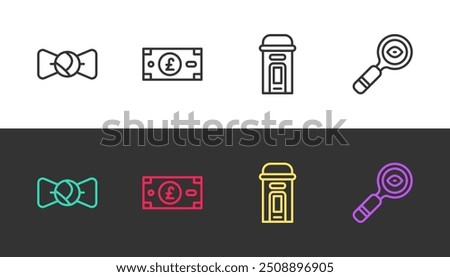 Set line Bow tie, Pound sterling money, London phone booth and Magnifying glass on black and white. Vector