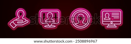 Set line Hand for search a people, Location with person, Create account screen and Monitor resume. Glowing neon icon. Vector