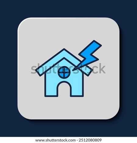 Filled outline House and lightning icon isolated on blue background. House with thunderbolt for house or property insurance symbol.  Vector