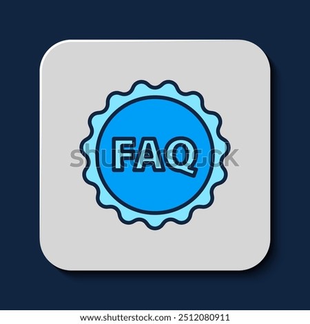 Filled outline Label with text FAQ information icon isolated on blue background. Circle button with text FAQ.  Vector