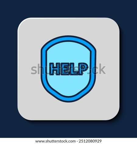 Filled outline Shield with text Help icon isolated on blue background. Guard sign. Security, safety, protection, privacy concept.  Vector