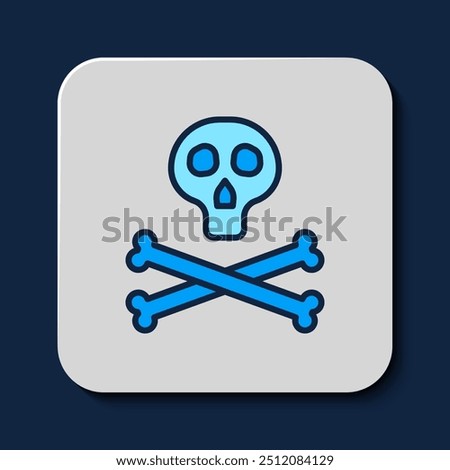 Filled outline Bones and skull as a sign of toxicity warning icon isolated on blue background.  Vector