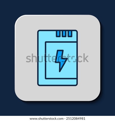 Filled outline Battery for camera icon isolated on blue background. Lightning bolt symbol.  Vector