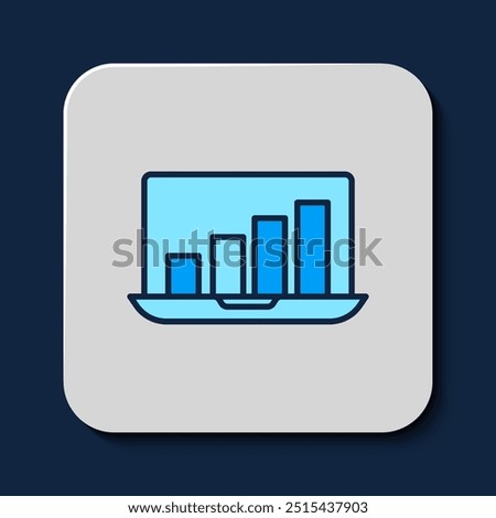 Filled outline Laptop with graph chart icon isolated on blue background. Report text file icon. Accounting sign. Audit, analysis, planning.  Vector