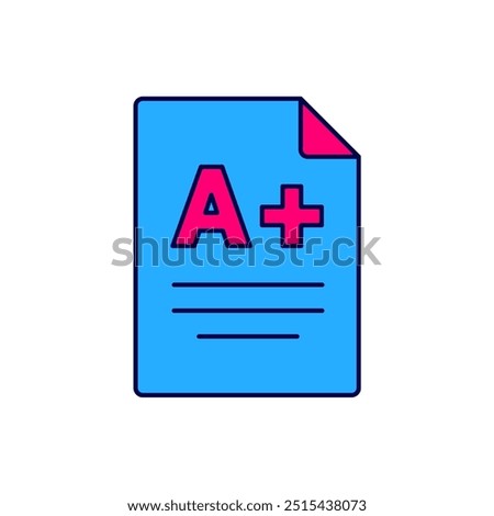 Filled outline Exam sheet with A plus grade icon isolated on white background. Test paper, exam, or survey concept. School test or exam.  Vector