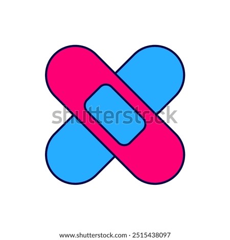 Filled outline Crossed bandage plaster icon isolated on white background. Medical plaster, adhesive bandage, flexible fabric bandage.  Vector