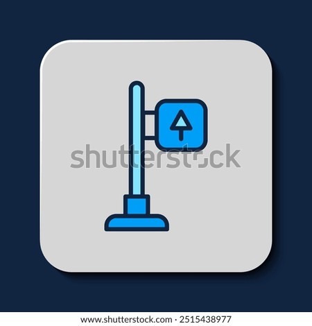 Filled outline Road traffic sign. Signpost icon isolated on blue background. Pointer symbol. Street information sign. Direction sign.  Vector