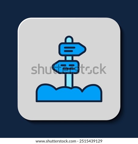 Filled outline Road traffic sign. Signpost icon isolated on blue background. Pointer symbol. Street information sign. Direction sign.  Vector