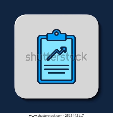 Filled outline Clipboard with graph chart icon isolated on blue background. Report text file icon. Accounting sign. Audit, analysis, planning.  Vector