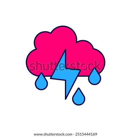 Filled outline Cloud with rain and lightning icon isolated on white background. Rain cloud precipitation with rain drops.Weather icon of storm.  Vector