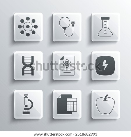 Set Calculator, Apple, Lightning bolt, Chemistry report, Microscope, DNA symbol, Virus and Test tube icon. Vector