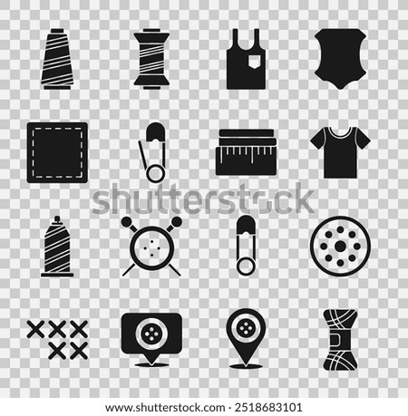 Set Yarn, Sewing button, T-shirt, Sleeveless, Safety pin, Pattern, thread and Tape measure icon. Vector