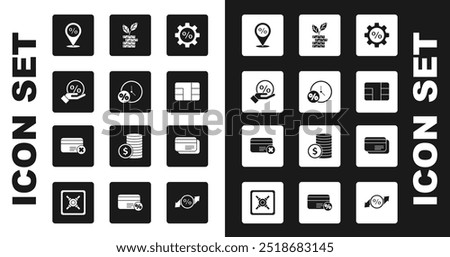 Set Gear with percent, Clock and, Discount tag, Location discount, Credit card chip, Dollar plant,  and remove icon. Vector