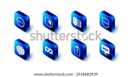 Set Time Management, Telephone, Shield with text FAQ, Clock 24 hours, Clipboard question marks, Question and Answer, support and  icon. Vector