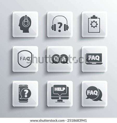 Set Computer monitor and help, Speech bubble with FAQ, Laptop, Question Answer, Mobile phone question, Shield text, Support operator in touch and Checklist 24 hours service icon. Vector