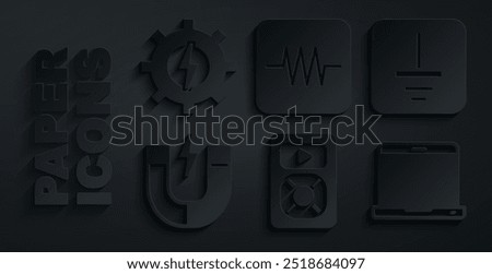 Set Music player, Electrical symbol ground, Magnet, Laptop, Resistor in electronic circuit and Gear and lightning icon. Vector