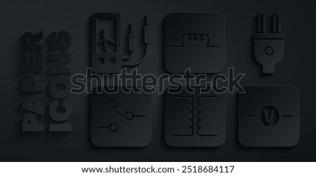 Set Electrical transformer, plug, Switch in electronic circuit, Voltmeter, Inductor and Ampere multimeter icon. Vector