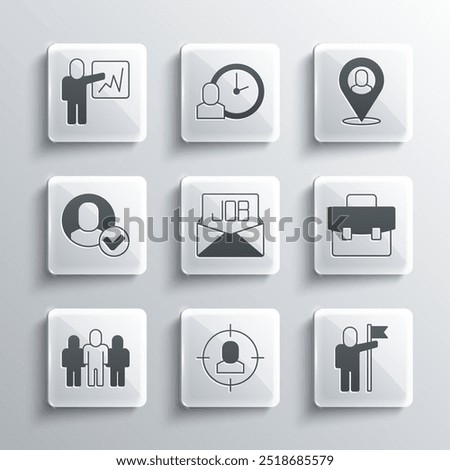 Set Head hunting, Man holding flag, Briefcase, Search job, Project team base, Worker, Leader of of executives and location icon. Vector