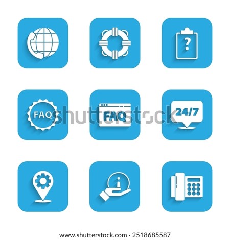 Set Browser FAQ, Information, Telephone, Clock 24 hours, Location with gear, Label text, Clipboard question marks and support icon. Vector