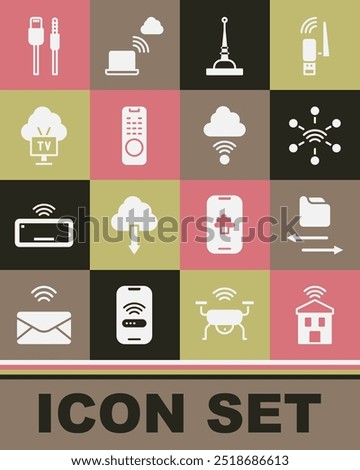 Set Smart home with wi-fi, Transfer files, Network, Antenna, Remote control, Tv, USB cable cord and cloud connection icon. Vector