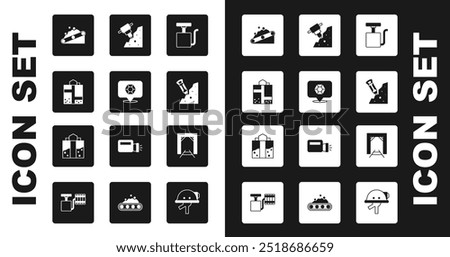 Set Handle detonator, Gem stone, Mine entrance, Conveyor belt carrying coal, Construction jackhammer,  and  icon. Vector