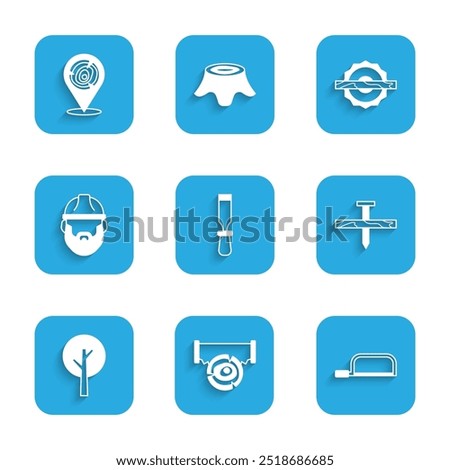 Set Chisel tool, Two-handed saw and log, Hacksaw, Metallic nail, Tree, Lumberjack, Electric circular and Wooden logs icon. Vector