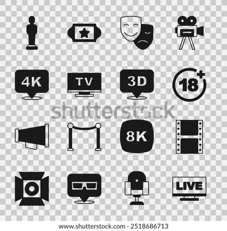 Set Live stream, Play video, Plus 18 movie, Comedy and tragedy masks, Smart Tv, 4k Ultra HD, Movie trophy and 3D word icon. Vector