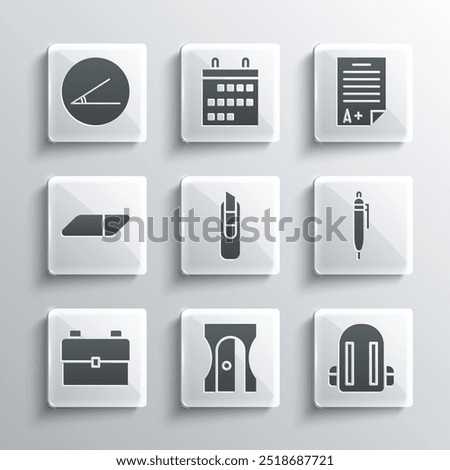 Set Pencil sharpener, School backpack, Stationery knife, Eraser or rubber, Acute angle and Exam sheet with plus grade icon. Vector