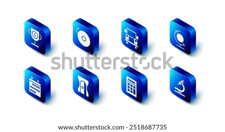 Set Ringing alarm bell, School Bus, Earth globe, Microscope, Calculator, Pencil sharpener, Calendar and Award cup icon. Vector