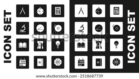 Set Calculator, Acute angle, Microscope, Drawing compass, Ringing alarm bell, Clock, Light bulb with concept of idea and Open book icon. Vector