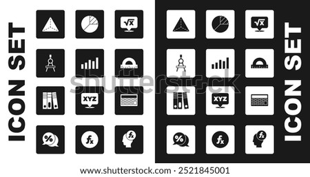 Set Square root of x glyph, Graph, schedule, chart, diagram, Drawing compass, Geometric figure Tetrahedron, Protractor, Pie infographic, Calculator and Office folders icon. Vector