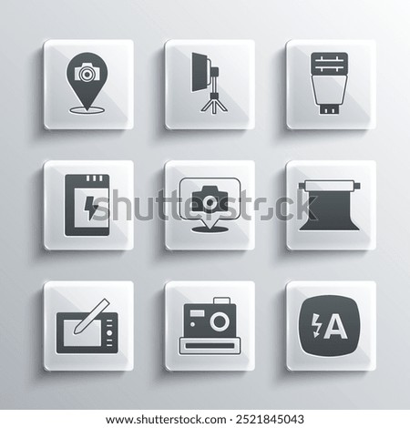 Set Photo camera, Auto flash, Empty photo studio, Graphic tablet, Battery for,  and  icon. Vector