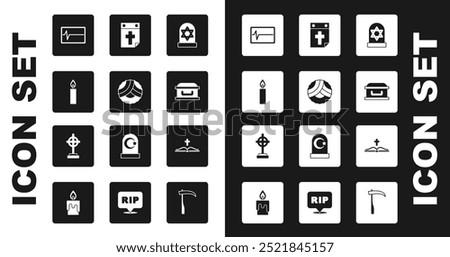 Set Grave with star of david, Memorial wreath, Burning candle, Beat dead monitor, Coffin cross, Calendar death, Holy bible book and  icon. Vector