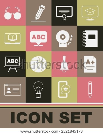 Set Marker pen, Exam sheet with A plus grade, Spiral notebook, Certificate template, Alphabet, Online class, Glasses and Ringing alarm bell icon. Vector