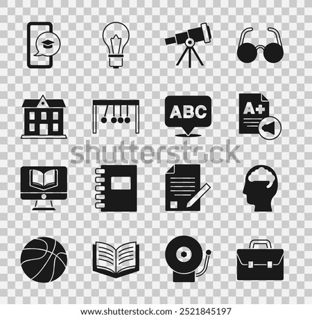 Set Briefcase, Human brain, Exam sheet with A plus grade, Telescope, Pendulum, School building, Graduation cap on mobile and Alphabet icon. Vector