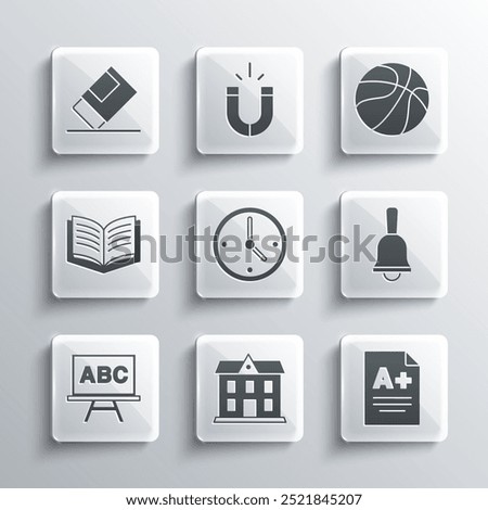 Set School building, Exam sheet with A plus grade, Ringing bell, Clock, Chalkboard, Open book, Eraser or rubber and Basketball ball icon. Vector