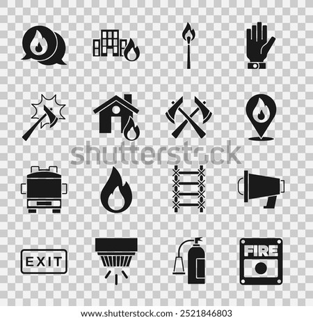 Set Fire alarm system, Megaphone, Location with fire flame, Burning match, burning house, Firefighter axe, Telephone call 911 and  icon. Vector