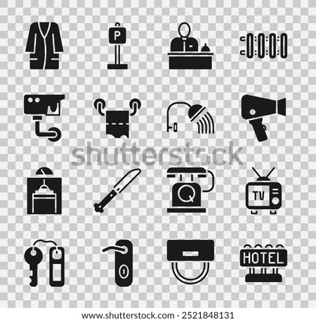 Set Signboard with text Hotel, Retro tv, Hair dryer, reception desk, Toilet paper roll, Security camera, Bathrobe and Shower head icon. Vector