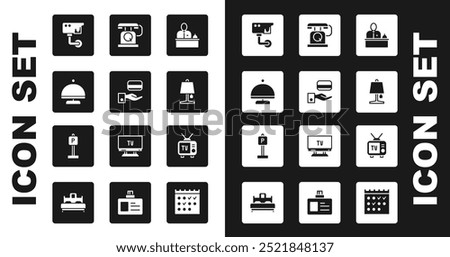 Set Hotel reception desk, Digital door lock, Covered with tray, Security camera, Table lamp, Telephone handset, Retro tv and Parking icon. Vector