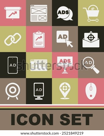 Set Computer mouse, Advertising, Mail and e-mail, Clipboard with graph chart, Chain link, Board and  icon. Vector