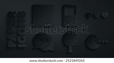 Set Racket, Hearts for game, Uno card, Pacman with eat, Tetris and Rubik cube icon. Vector