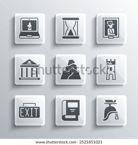 Set History book, Roman army helmet, Castle tower, Rock stones, Exit sign, Museum building, Online museum and Portrait icon. Vector