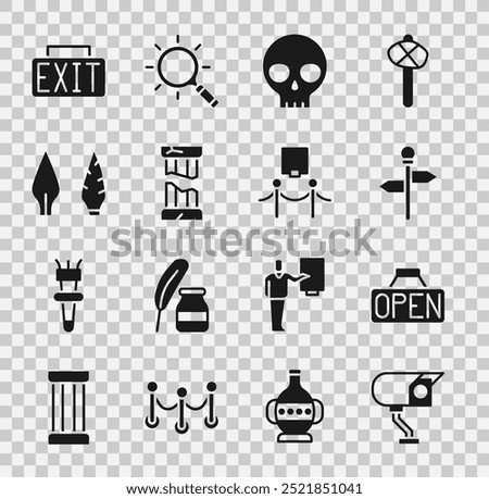 Set Security camera, Hanging sign with Open, Road traffic signpost, Human skull, Broken ancient column, Stone age arrow head, Exit and Picture and rope barrier icon. Vector