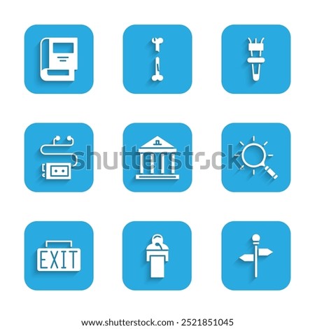 Set Museum building, Gives lecture, Road traffic signpost, Magnifying glass, Exit, audio guide, Torch flame and History book icon. Vector